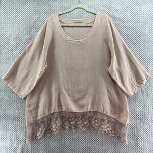 Stella Martini Top 1X Blush Pink Linen Pullover Scoop Neck Lace Shark Bite Hem